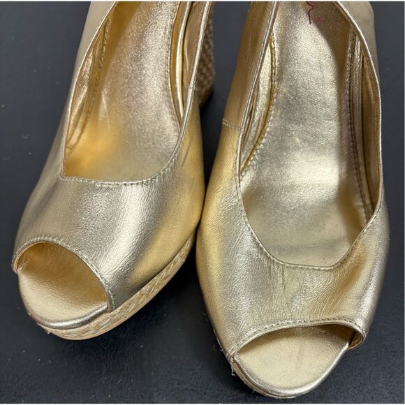 Lilly Pulitzer Kristen Metallic Gold Peep Toe Sling Back Wedge Heels Size 8 - Picture 9 of 13